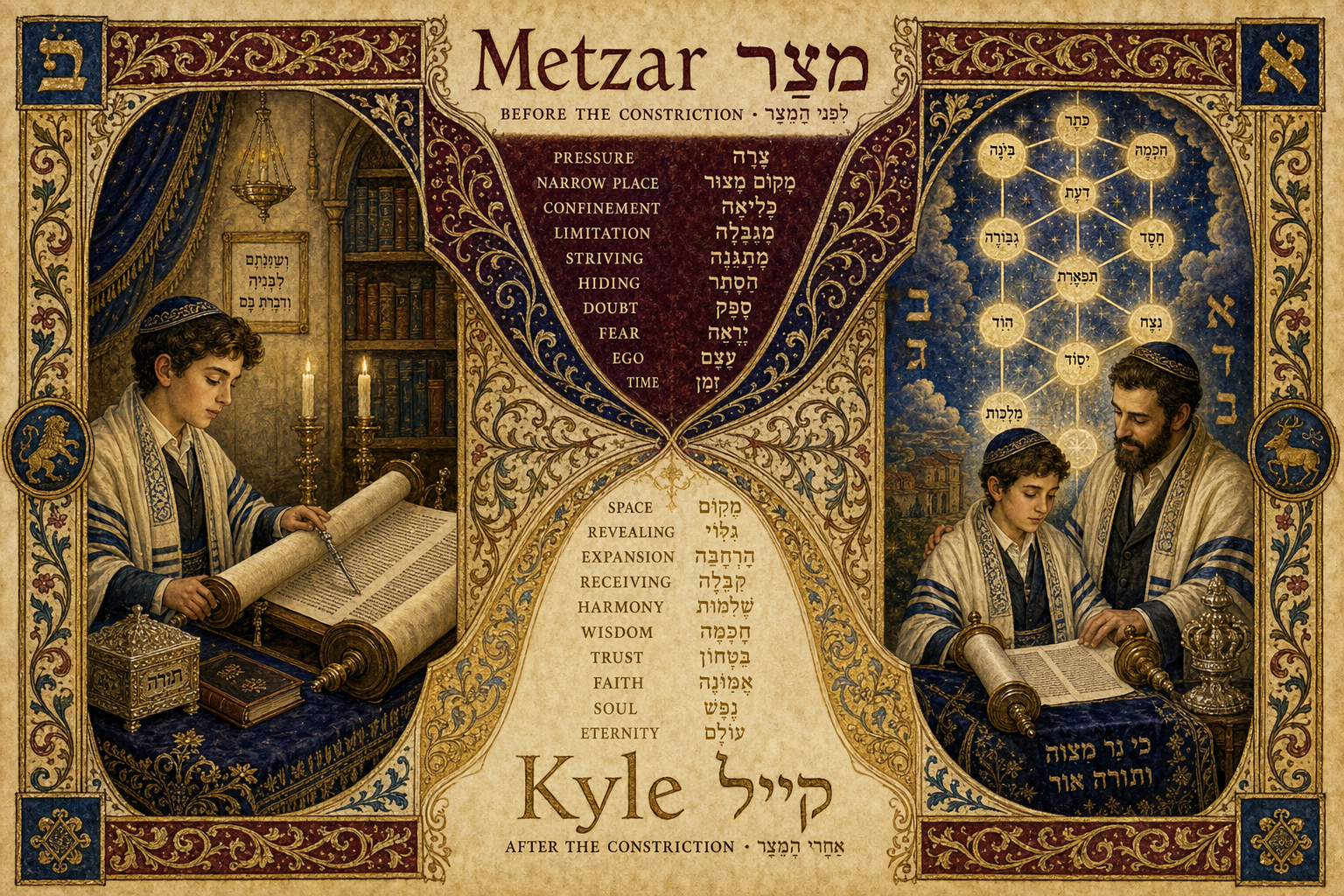 Illuminated manuscript image of Metzar above Kyle, shaped as a narrowing between two expanses, with neutral bar mitzvah scenes at the sides